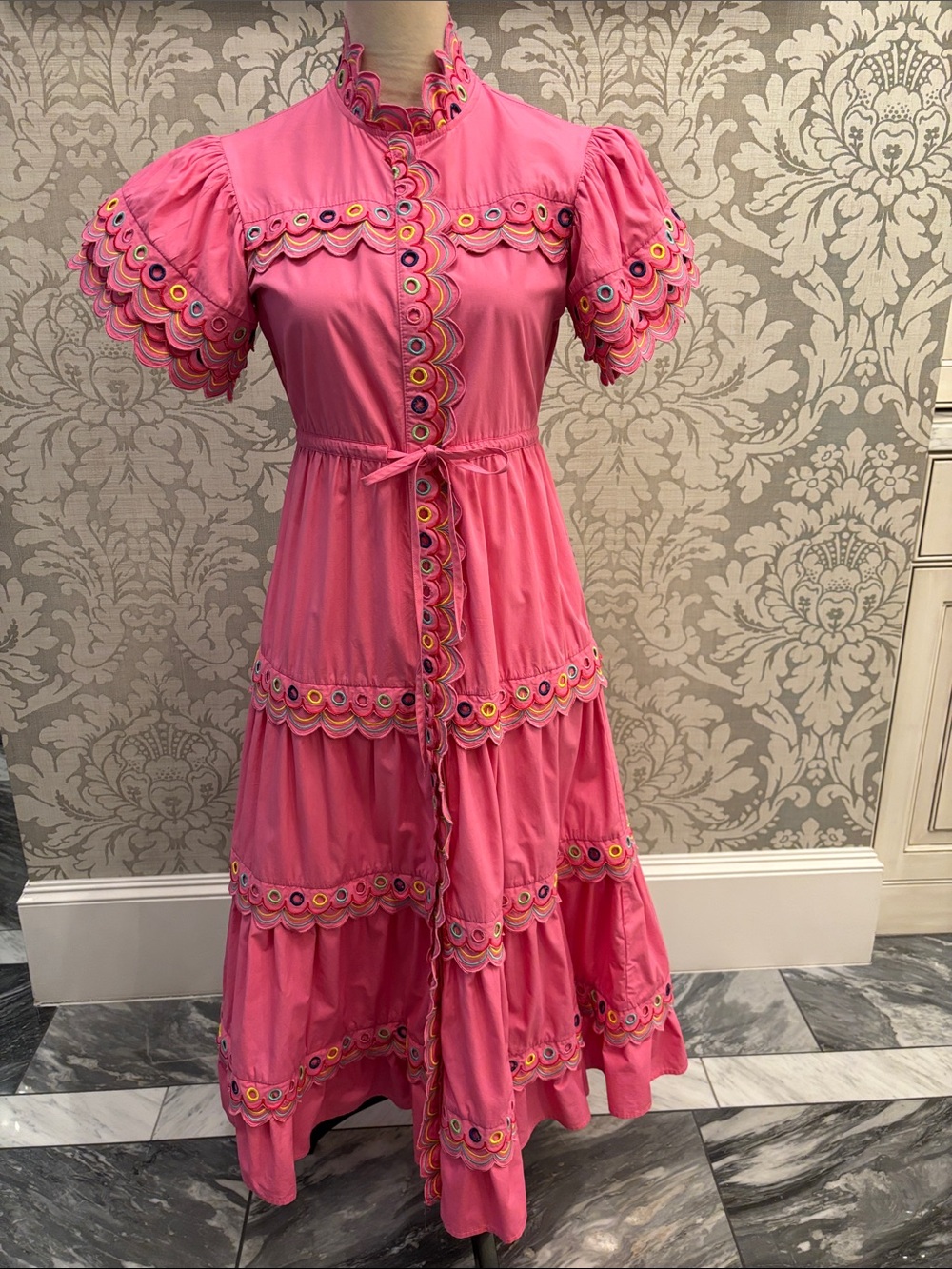 CeliaB Bright Pink Eyelet-Trim Tiered Maxi Dress